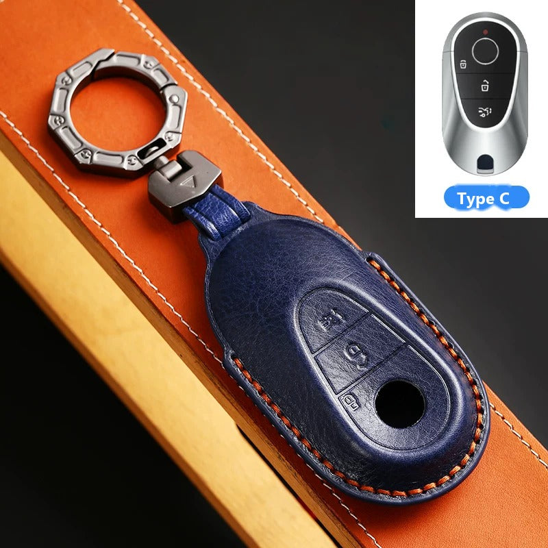 Mercedes-Benz Full-Cover Crazy Horse Leather Key Case – New Oval Smart Key