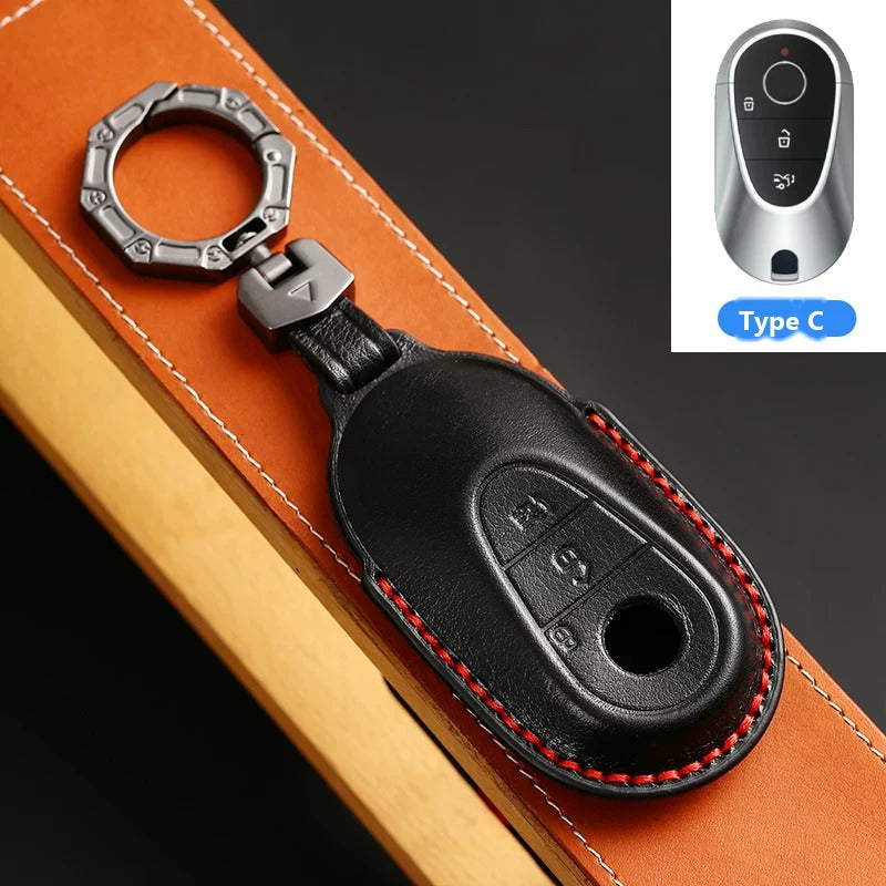 Mercedes-Benz Full-Cover Crazy Horse Leather Key Case – New Oval Smart Key