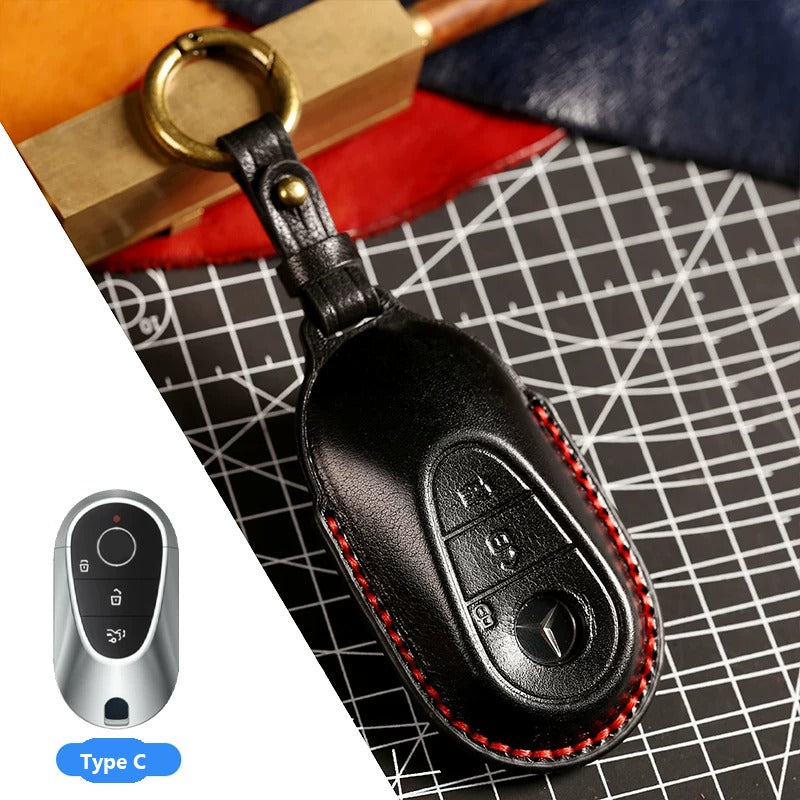 Mercedes-Benz Full-Cover Crazy Horse Leather Key Case – New Oval Smart Key