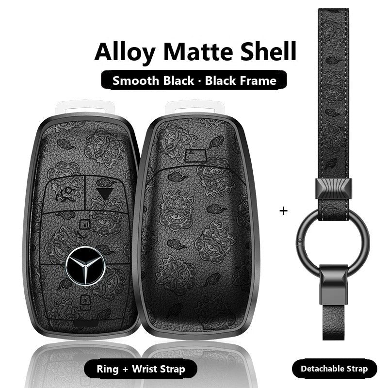 Mercedes-Benz Engraved Alloy Leather Key Case with Wrist Strap – Rectangular Smart Key