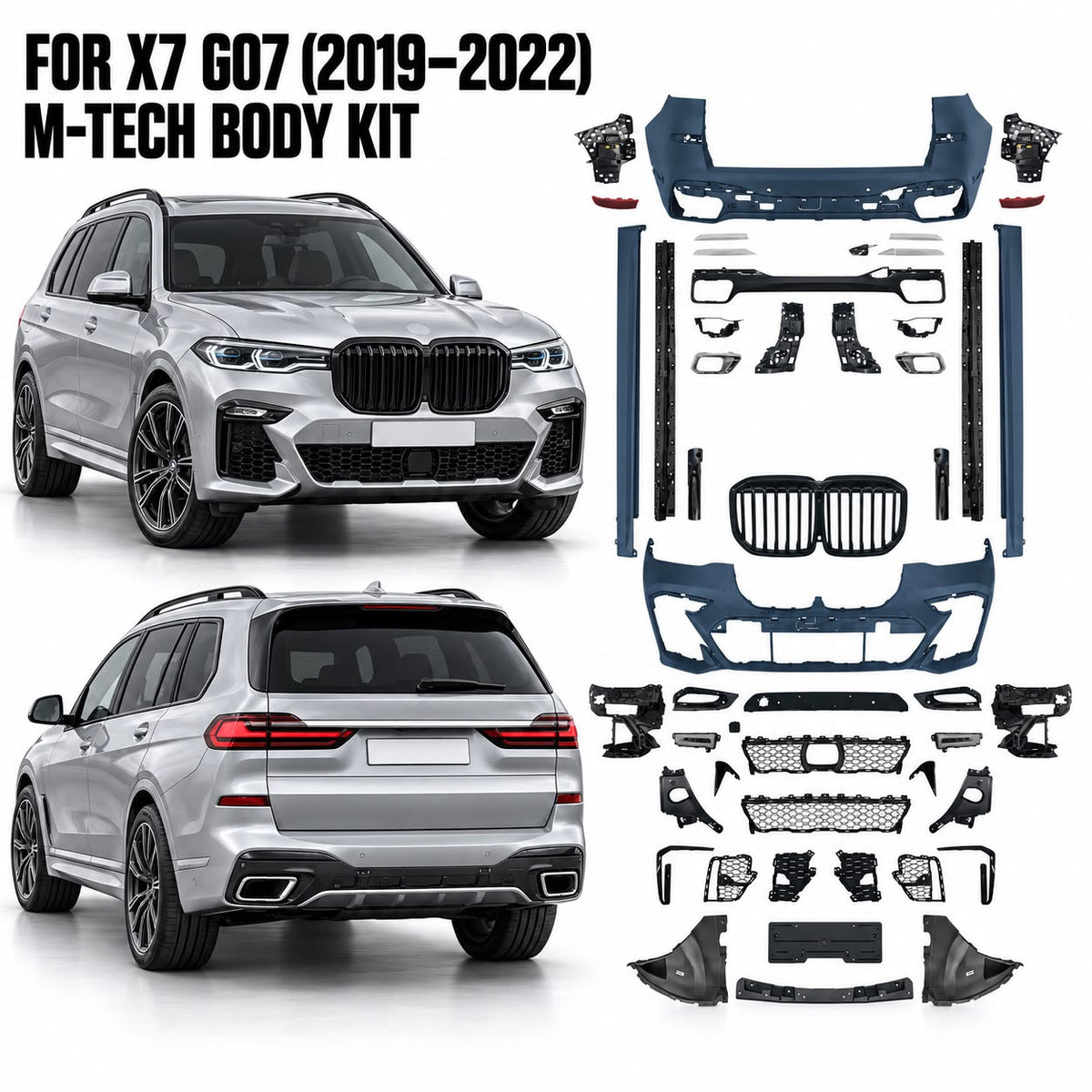 BMW X7 G07 (2019–2022) M-Tech Style Body Kit – Front & Rear Bumpers, Side Skirts & Gloss Black Kidney Grille