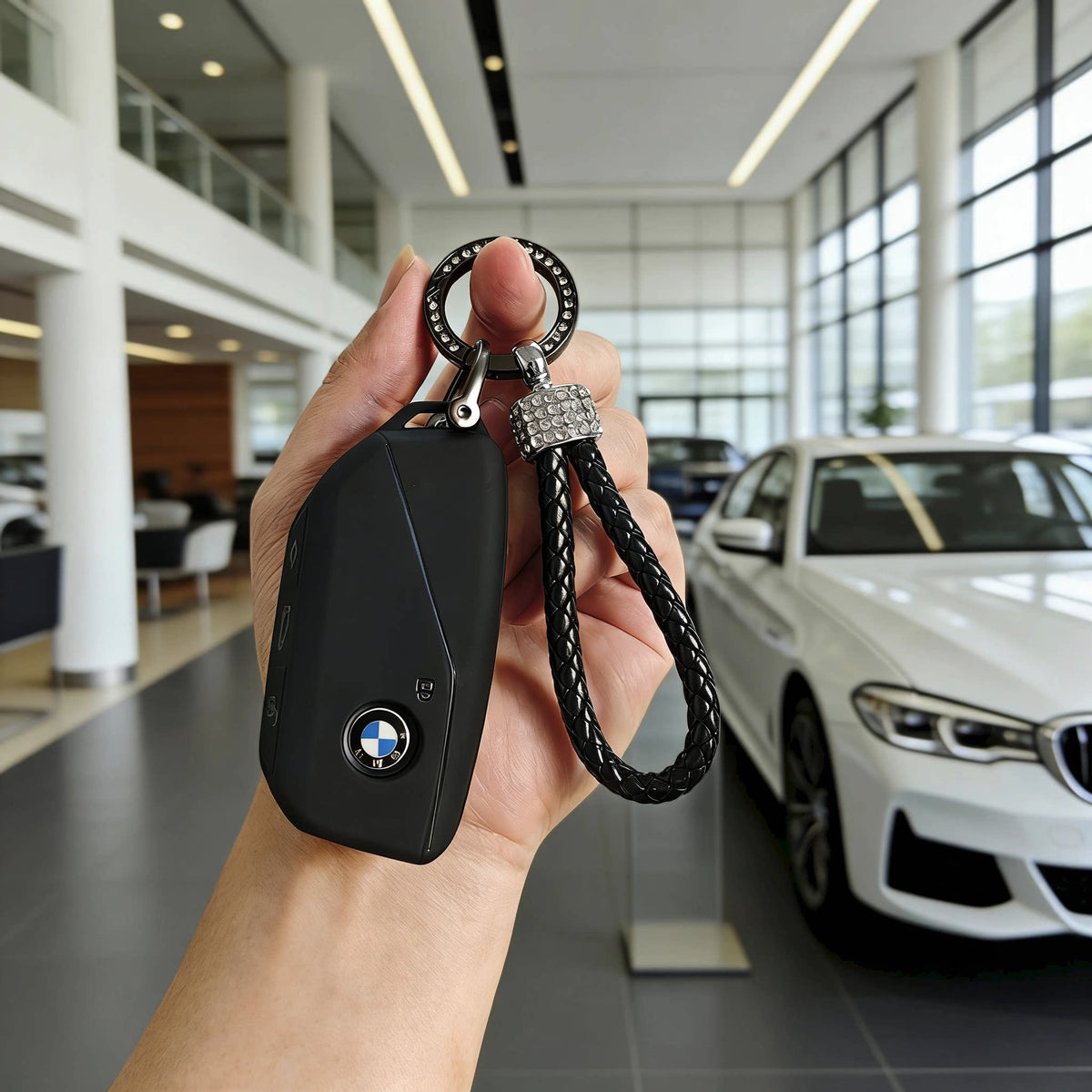 BMW Key Fob Case – New-Generation Key, Cream White or Black with Keychain & Charm Options