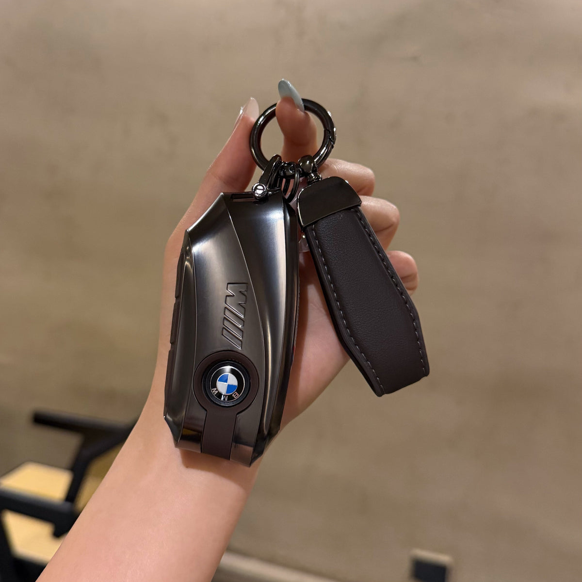 BMW Smart Key Fob Case - Style D, Black Shell / Brown Interior, + Genuine Leather Keychain