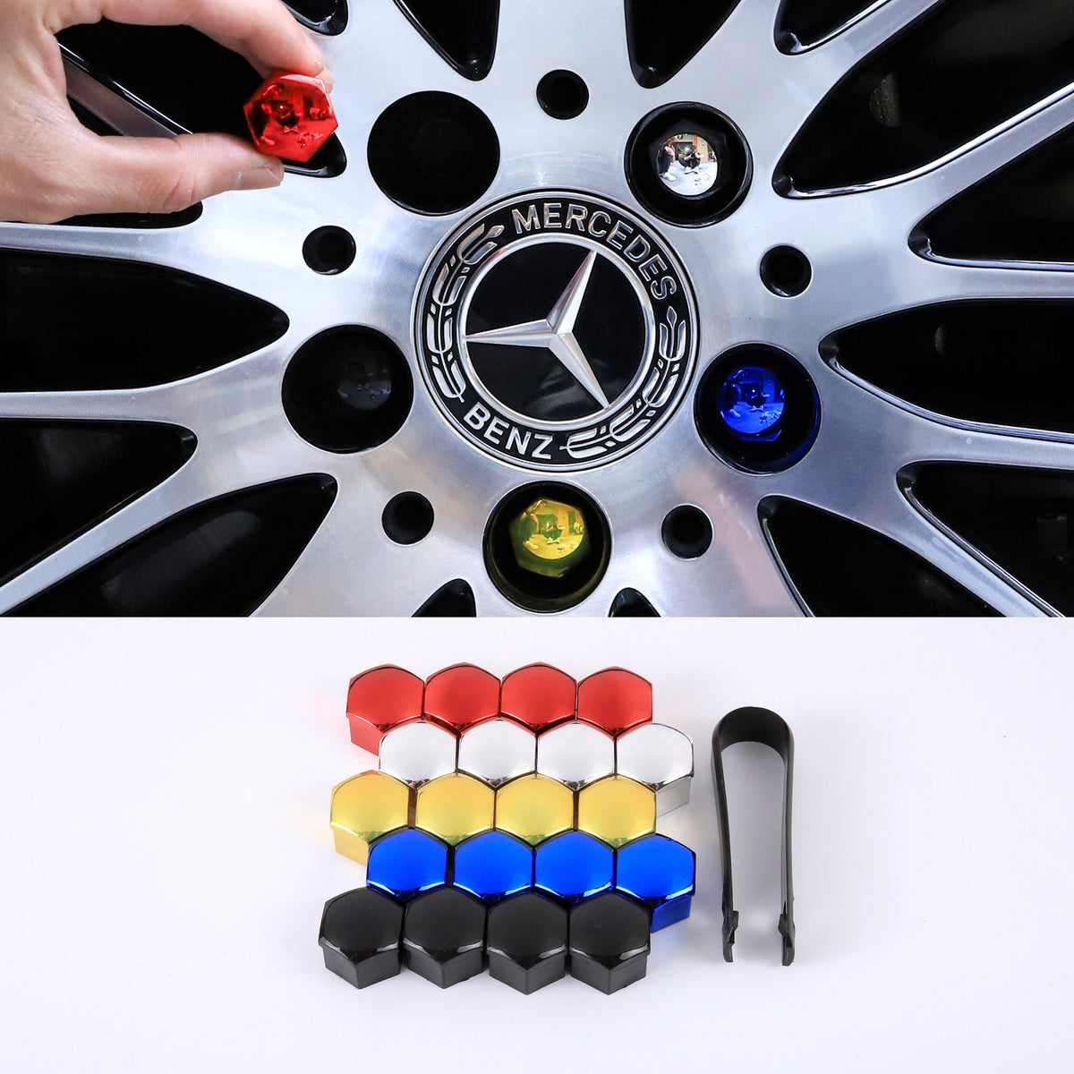 Mercedes-Benz Wheel Lug Nut Covers – 20 pcs, 7 Colors