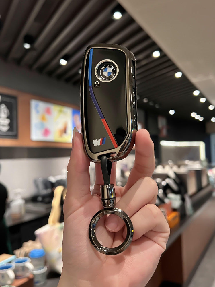 BMW Zinc Alloy Key Fob Case – New-Generation Key, Tricolor Stripe Design with Keychain Options