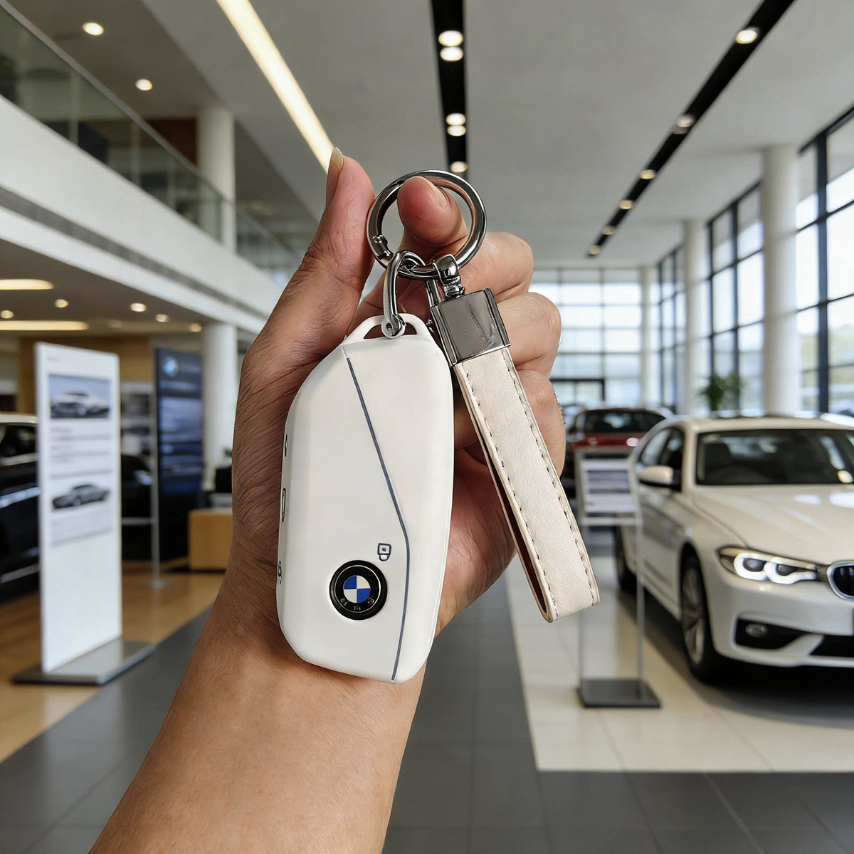 BMW Key Fob Case – New-Generation Key, Cream White or Black with Keychain & Charm Options