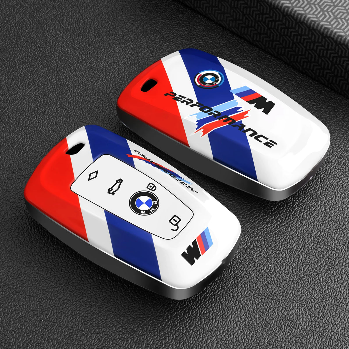 BMW Key Fob Case – D Type F-Series 4-Button Key, Motorsport Stripe Design with Keychain Options