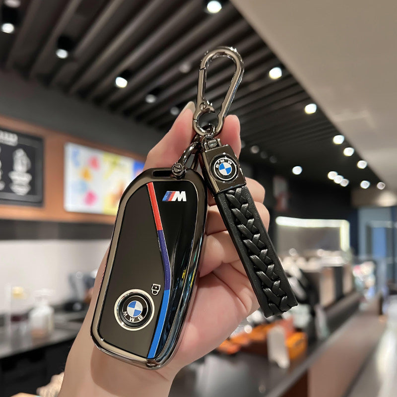 BMW Zinc Alloy Key Fob Case – New-Generation Key, Tricolor Stripe Design with Keychain Options