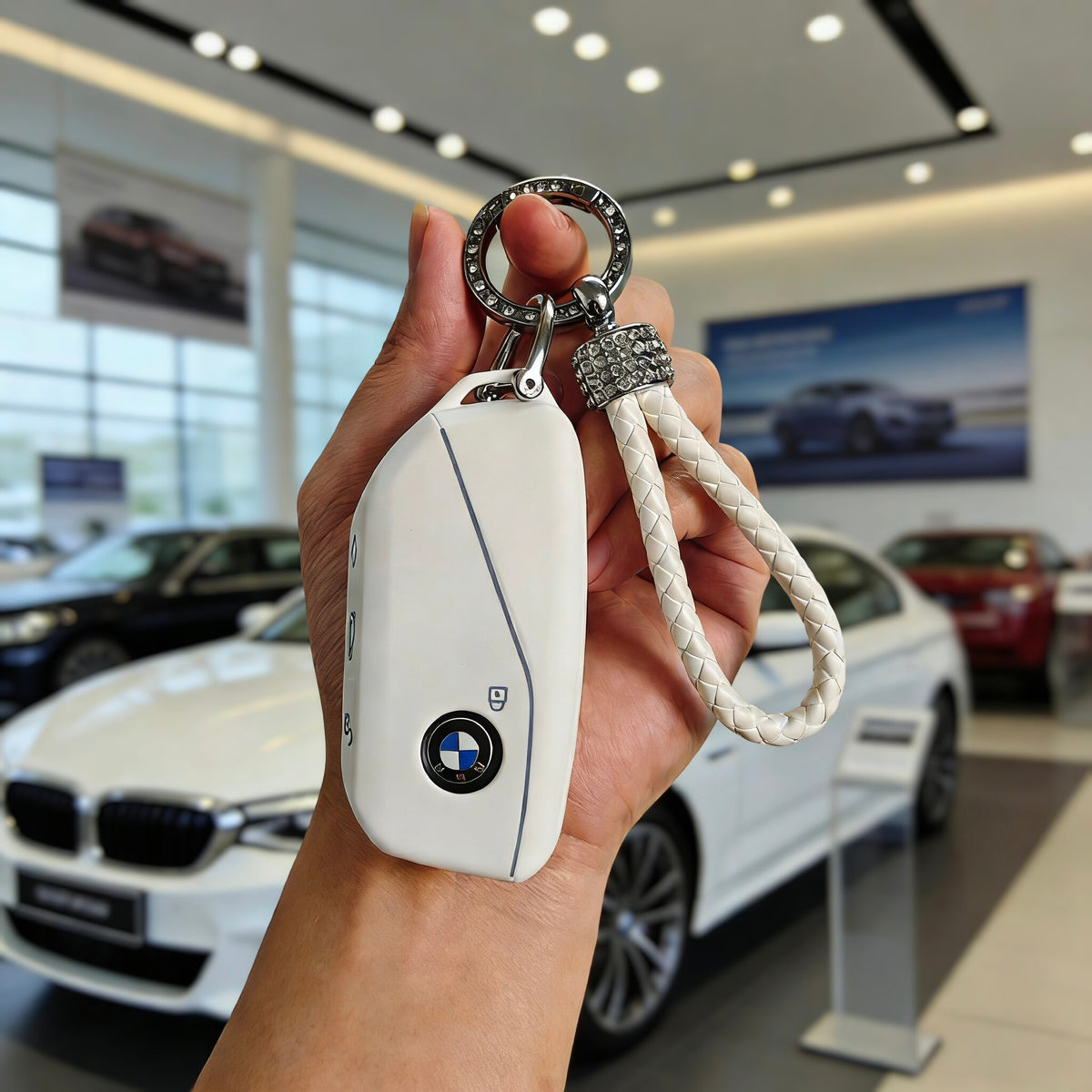 BMW Key Fob Case – New-Generation Key, Cream White or Black with Keychain & Charm Options