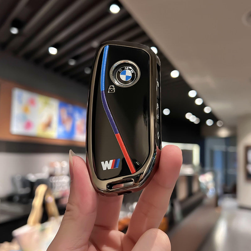 BMW Zinc Alloy Key Fob Case – New-Generation Key, Tricolor Stripe Design with Keychain Options