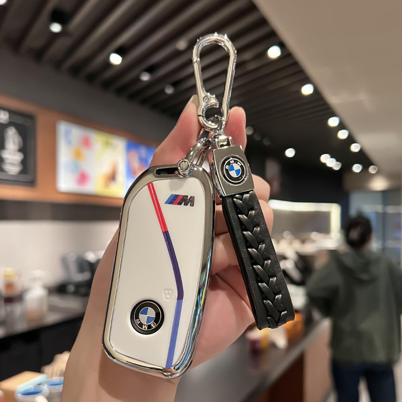 BMW Zinc Alloy Key Fob Case – New-Generation Key, Tricolor Stripe Design with Keychain Options