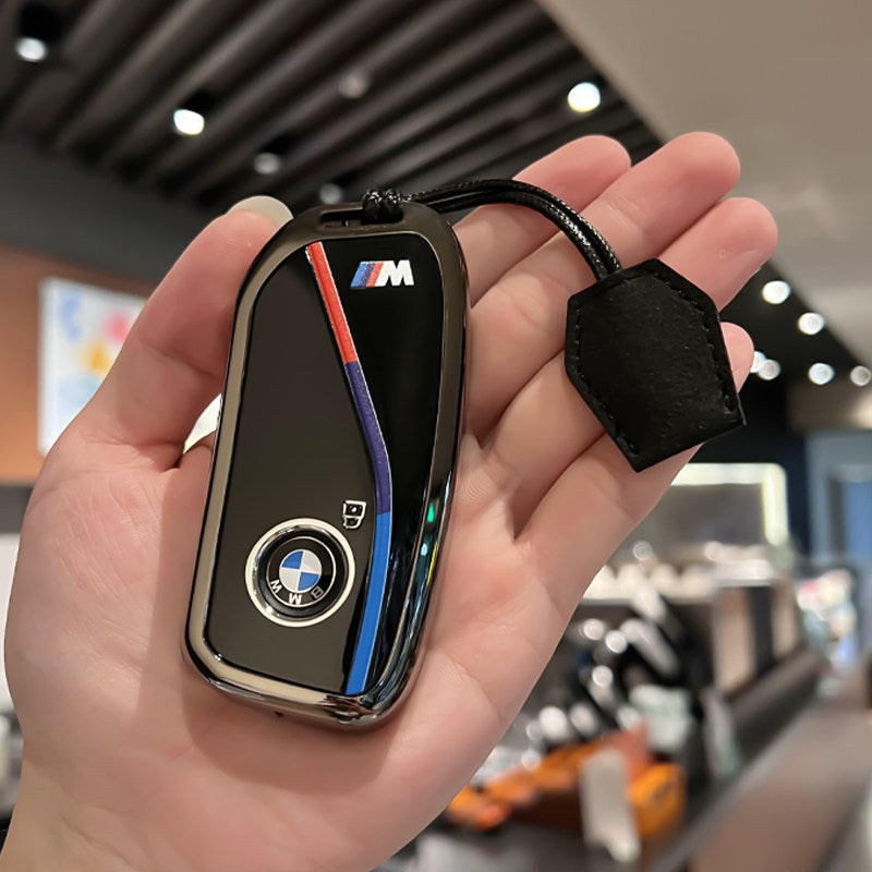 BMW Zinc Alloy Key Fob Case – New-Generation Key, Tricolor Stripe Design with Keychain Options