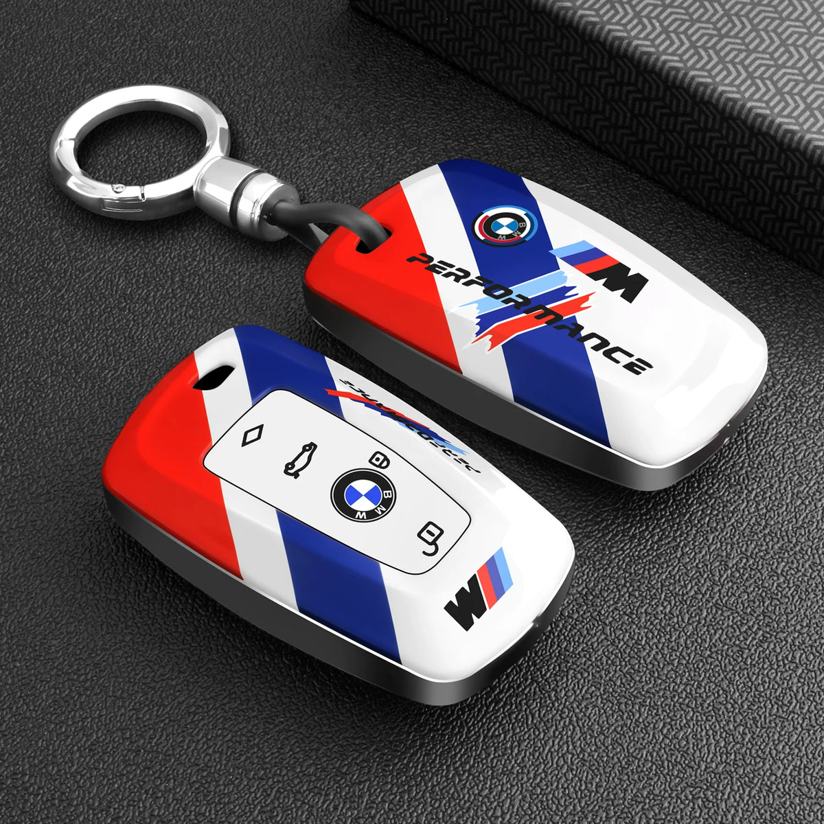 BMW Key Fob Case – D Type F-Series 4-Button Key, Motorsport Stripe Design with Keychain Options