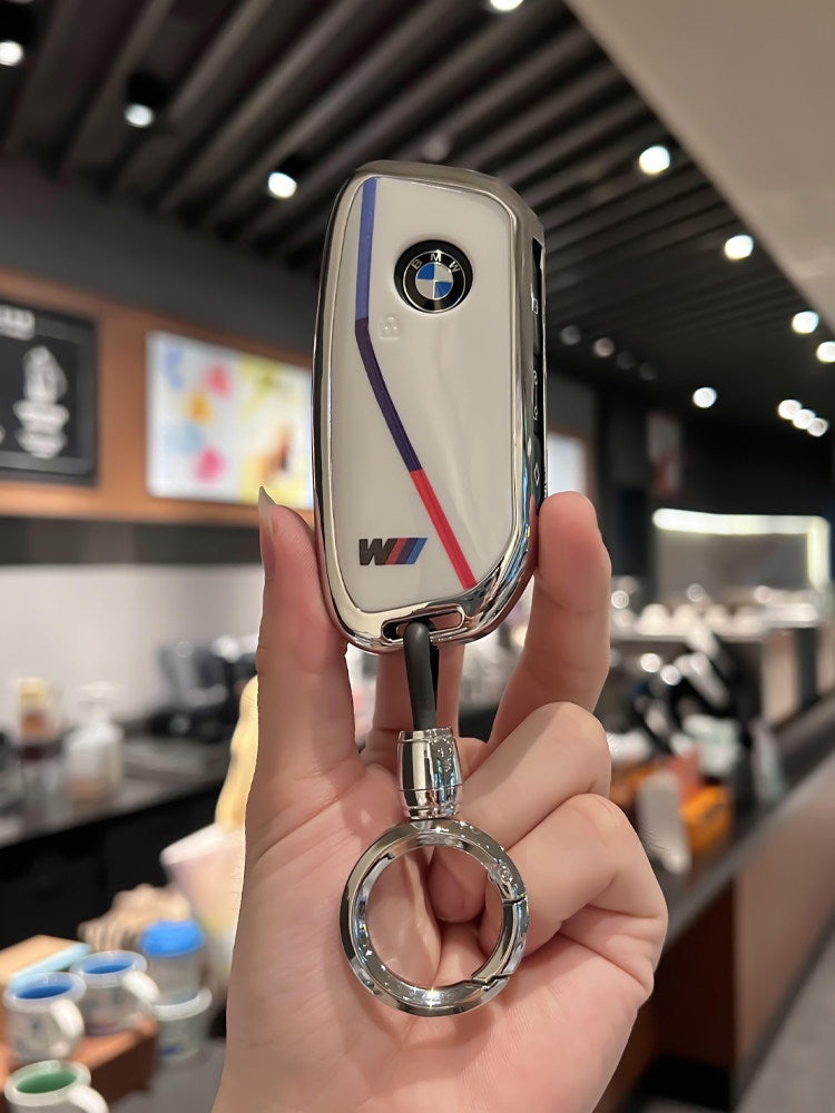 BMW Zinc Alloy Key Fob Case – New-Generation Key, Tricolor Stripe Design with Keychain Options