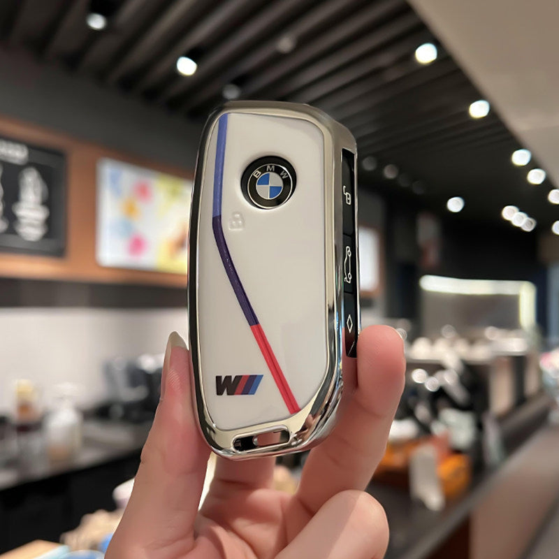 BMW Zinc Alloy Key Fob Case – New-Generation Key, Tricolor Stripe Design with Keychain Options