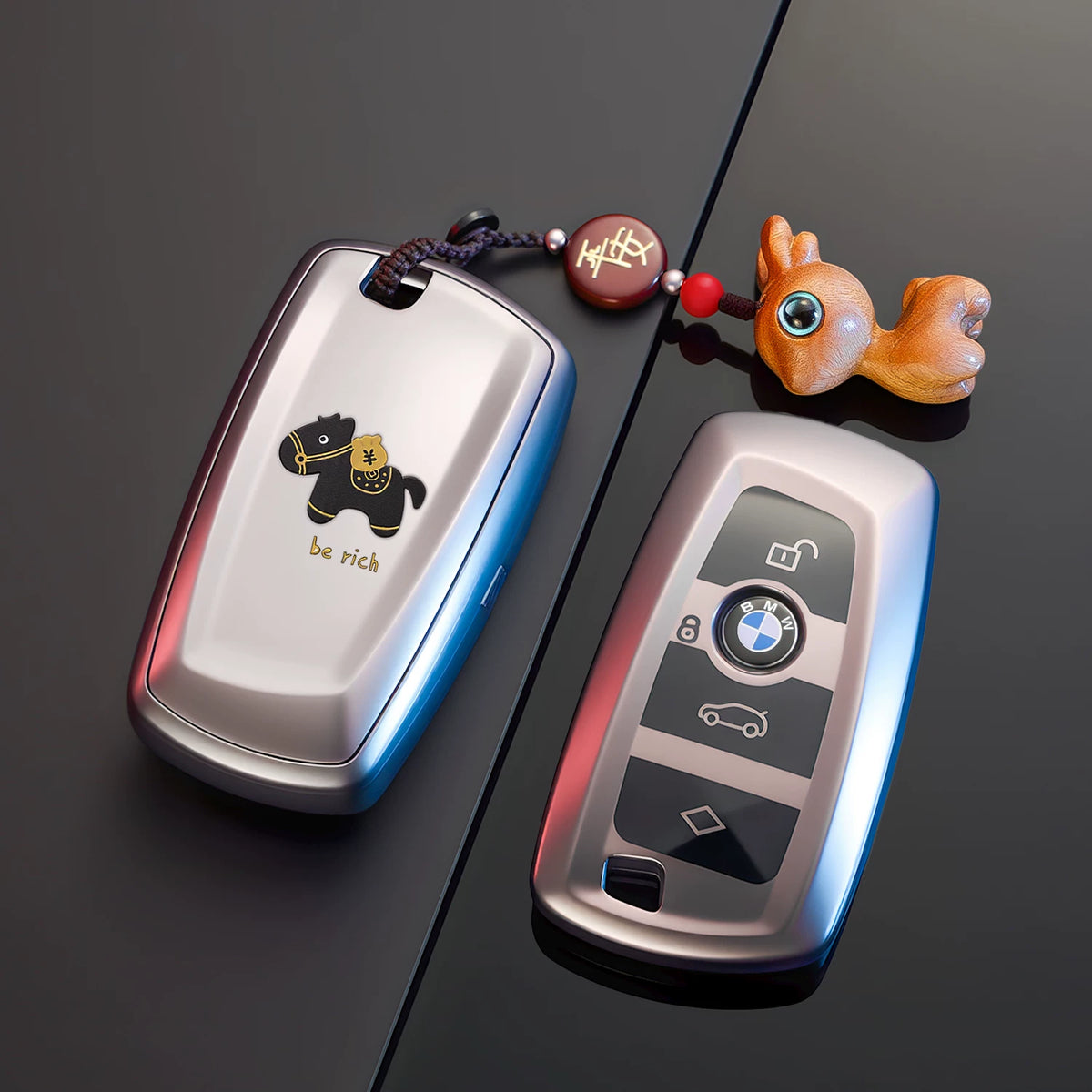 BMW Key Fob Case – A Type F-Series 4-Button Key, Lucky Horse Design with Keychain Options