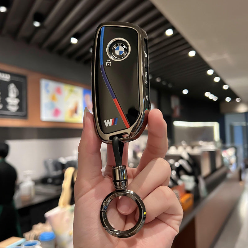 BMW Zinc Alloy Key Fob Case – New-Generation Key, Tricolor Stripe Design with Keychain Options
