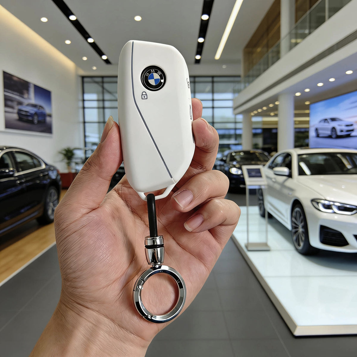 BMW Key Fob Case – New-Generation Key, Cream White or Black with Keychain & Charm Options