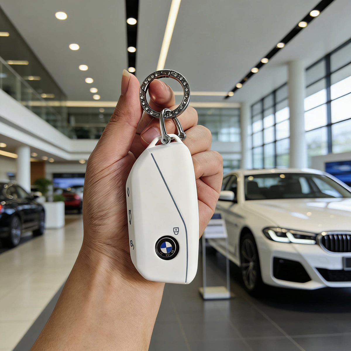 BMW Key Fob Case – New-Generation Key, Cream White or Black with Keychain & Charm Options