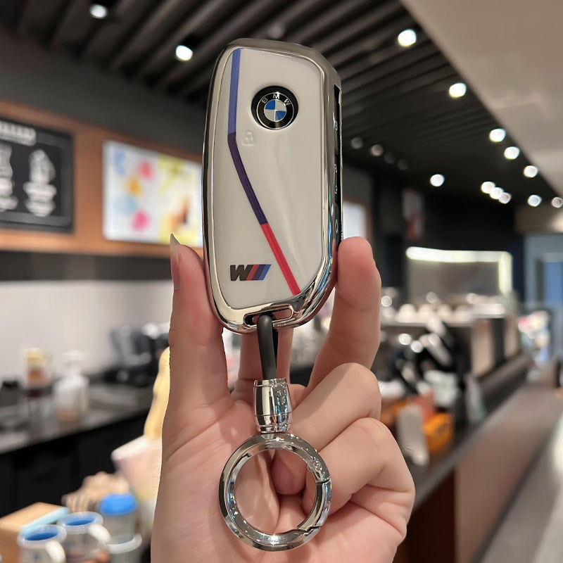 BMW Zinc Alloy Key Fob Case – New-Generation Key, Tricolor Stripe Design with Keychain Options