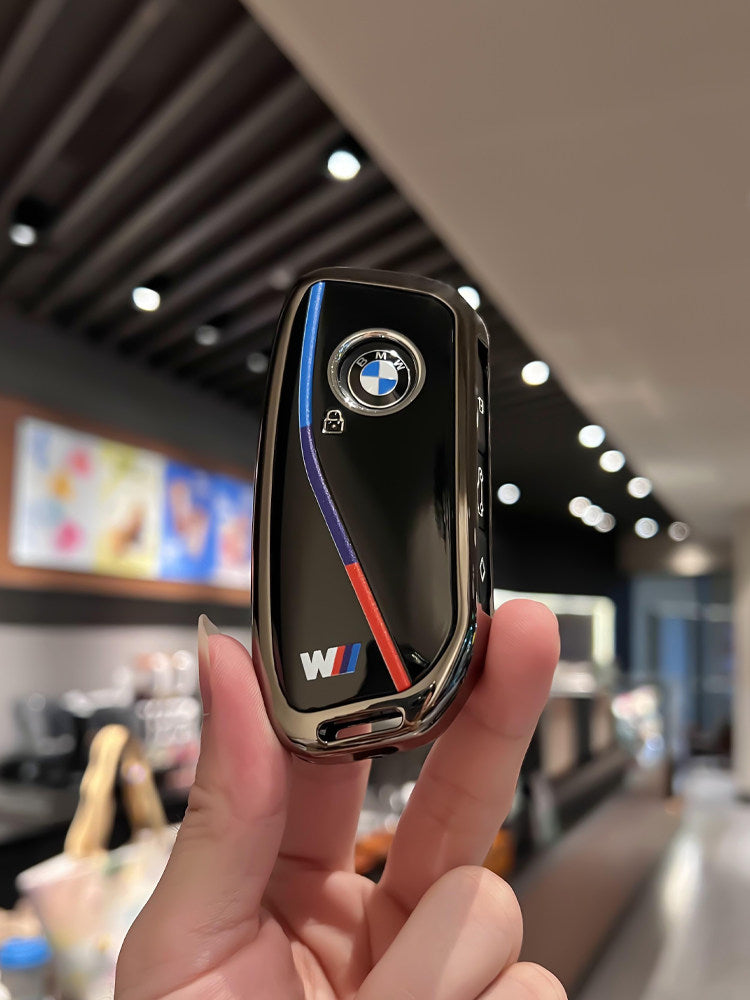 BMW Zinc Alloy Key Fob Case – New-Generation Key, Tricolor Stripe Design with Keychain Options