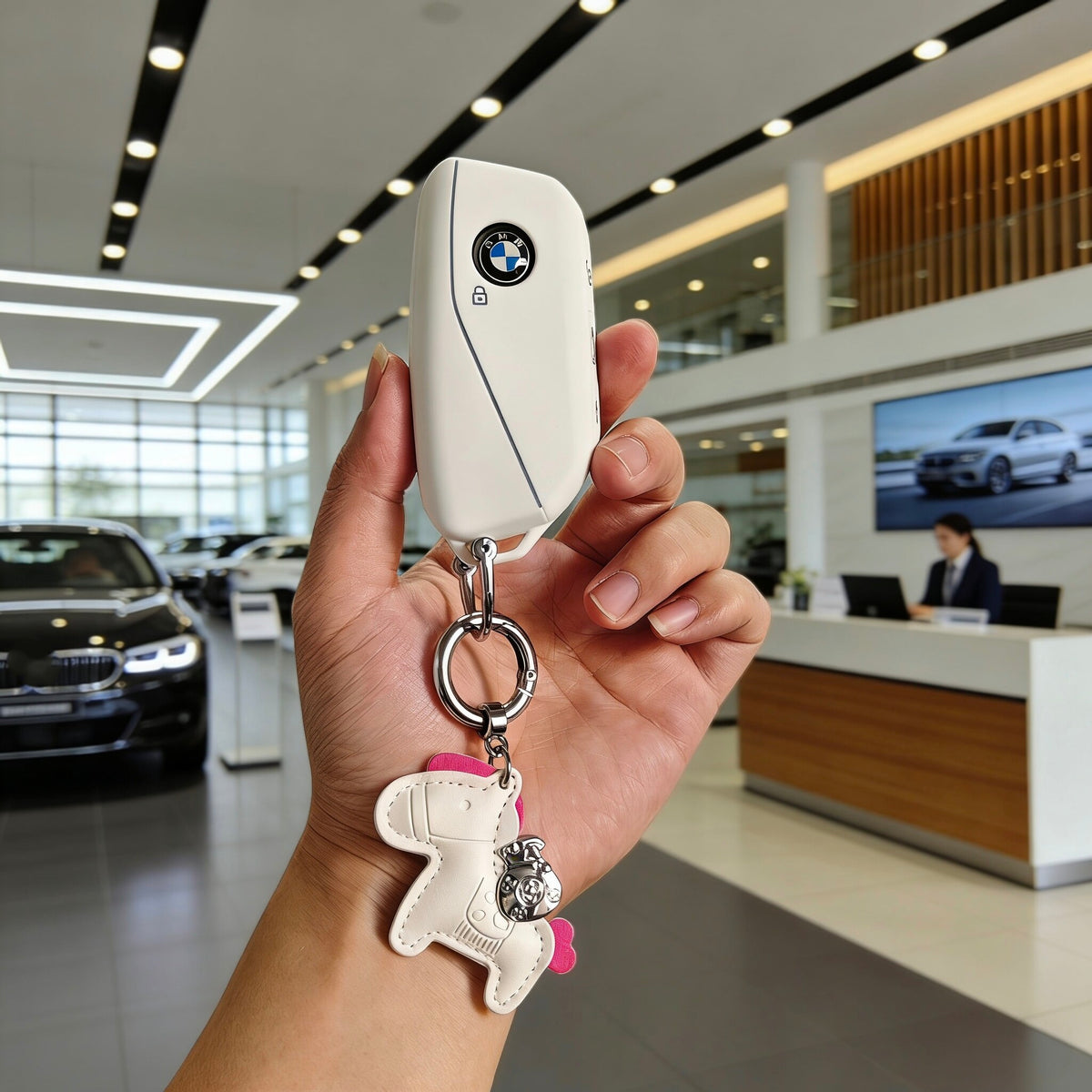BMW Key Fob Case – New-Generation Key, Cream White or Black with Keychain & Charm Options