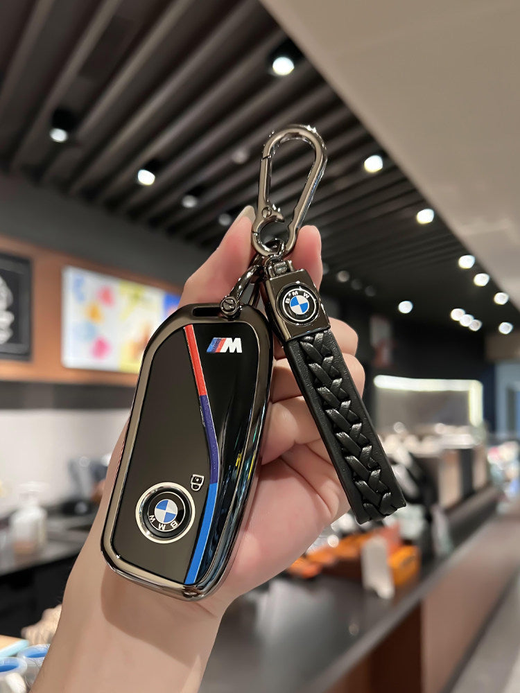 BMW Zinc Alloy Key Fob Case – New-Generation Key, Tricolor Stripe Design with Keychain Options