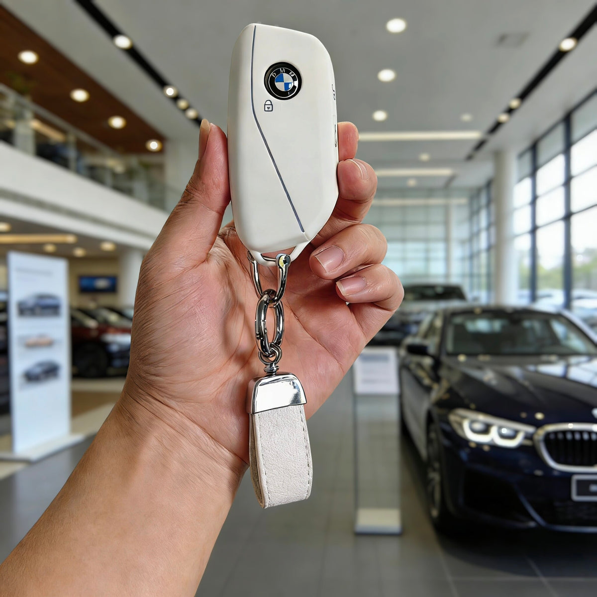BMW Key Fob Case – New-Generation Key, Cream White or Black with Keychain & Charm Options