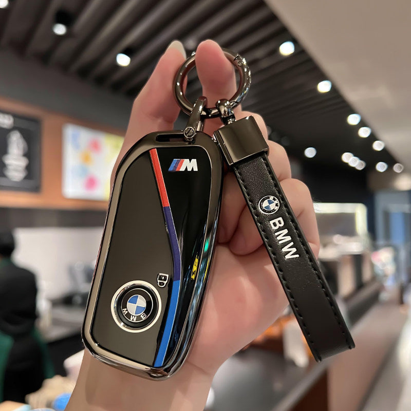 BMW Zinc Alloy Key Fob Case – New-Generation Key, Tricolor Stripe Design with Keychain Options