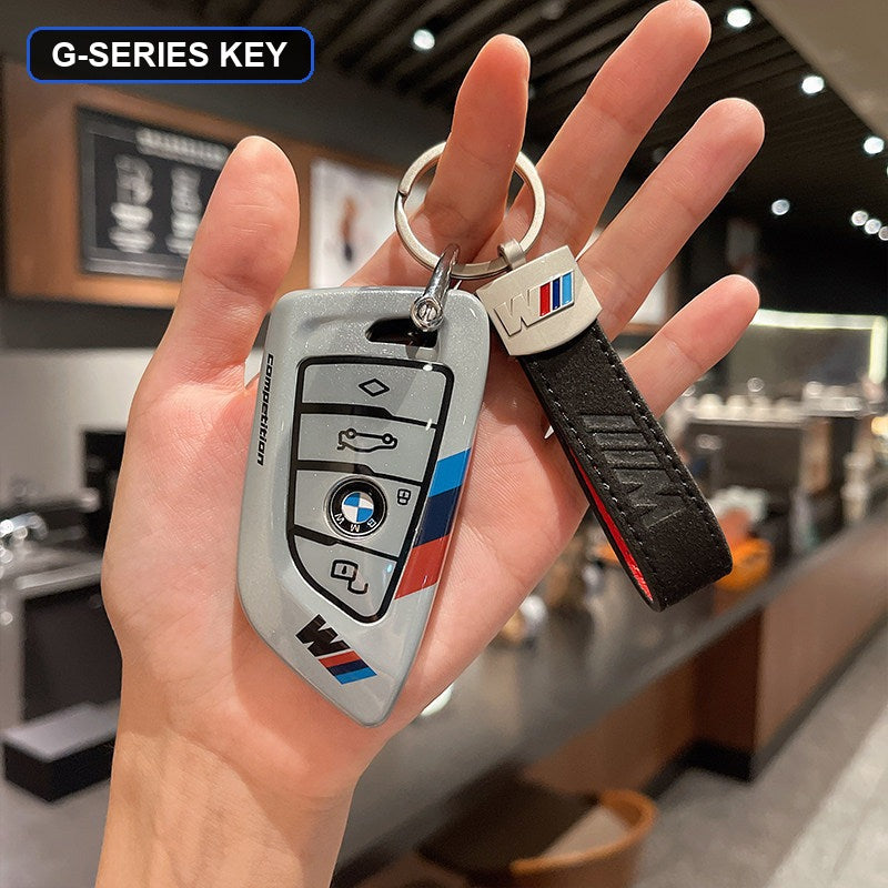 BMW key shell case white with black leather keychain strap