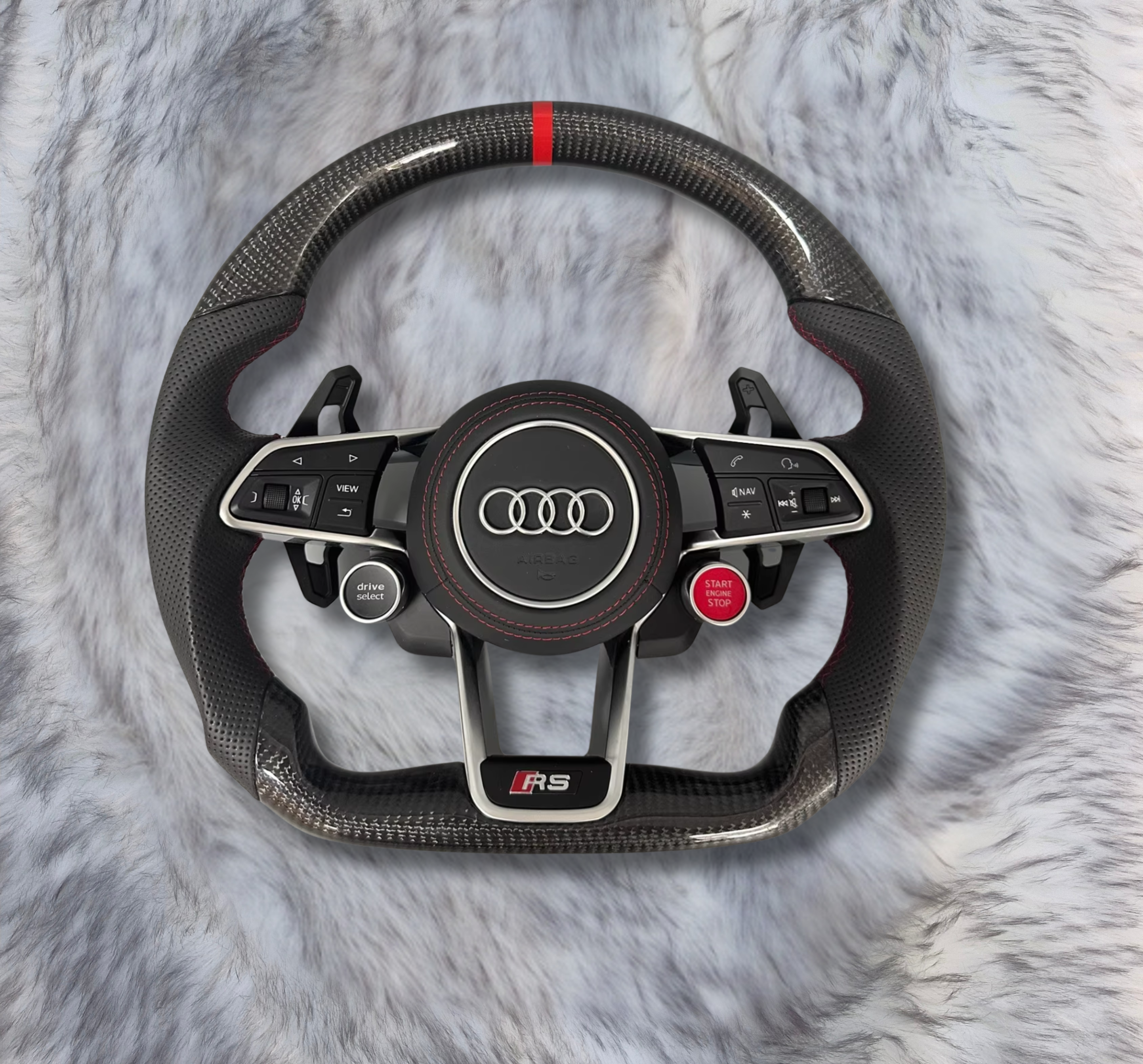 UMPARTS Audi RS Style Carbon Fiber Steering Wheel A3243 – Perforated Leather Grip – Flat Bottom – With Airbag