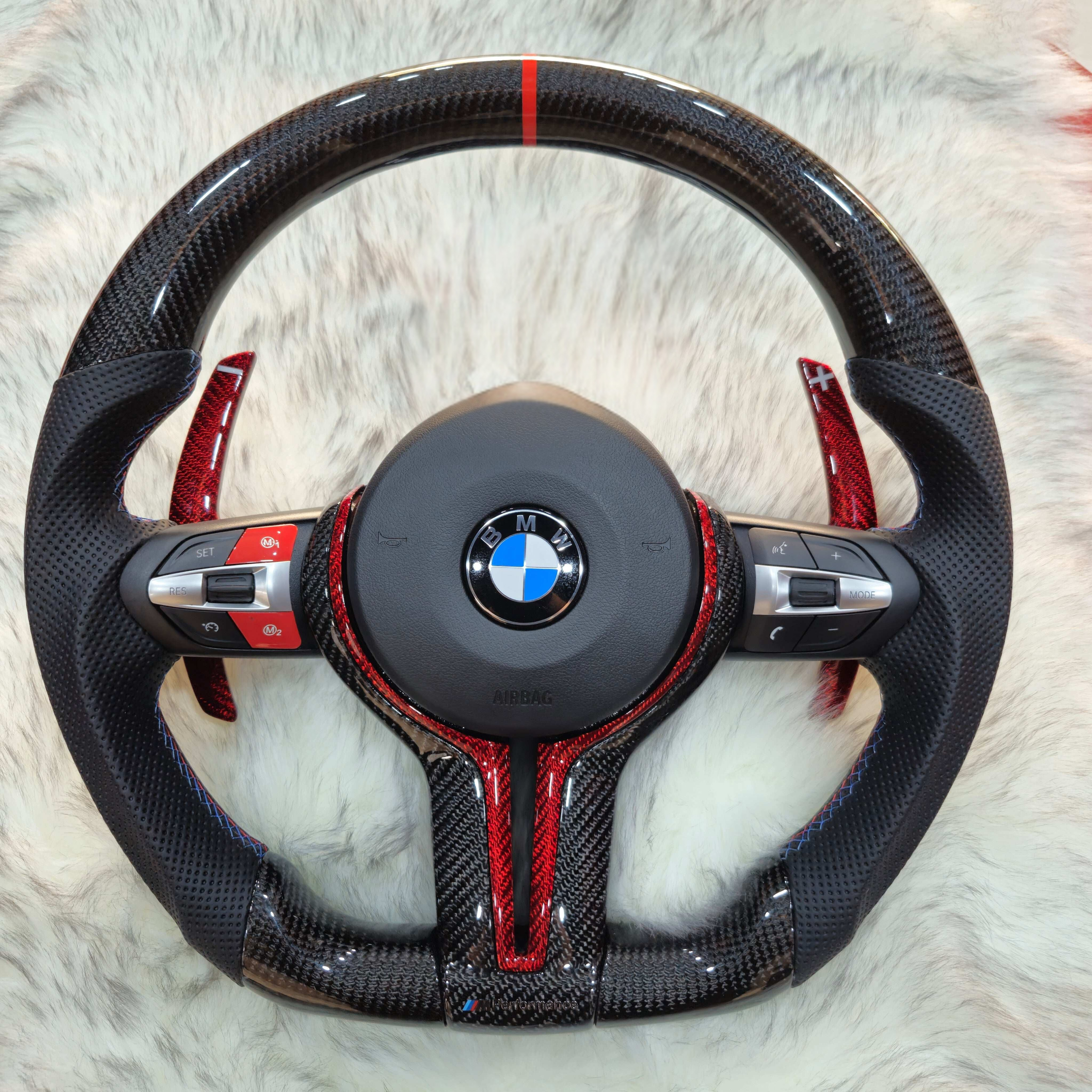 Carbon Fiber with Red Trim,Red Carbon Paddle Shifters Steering Wheel For BMW F Series