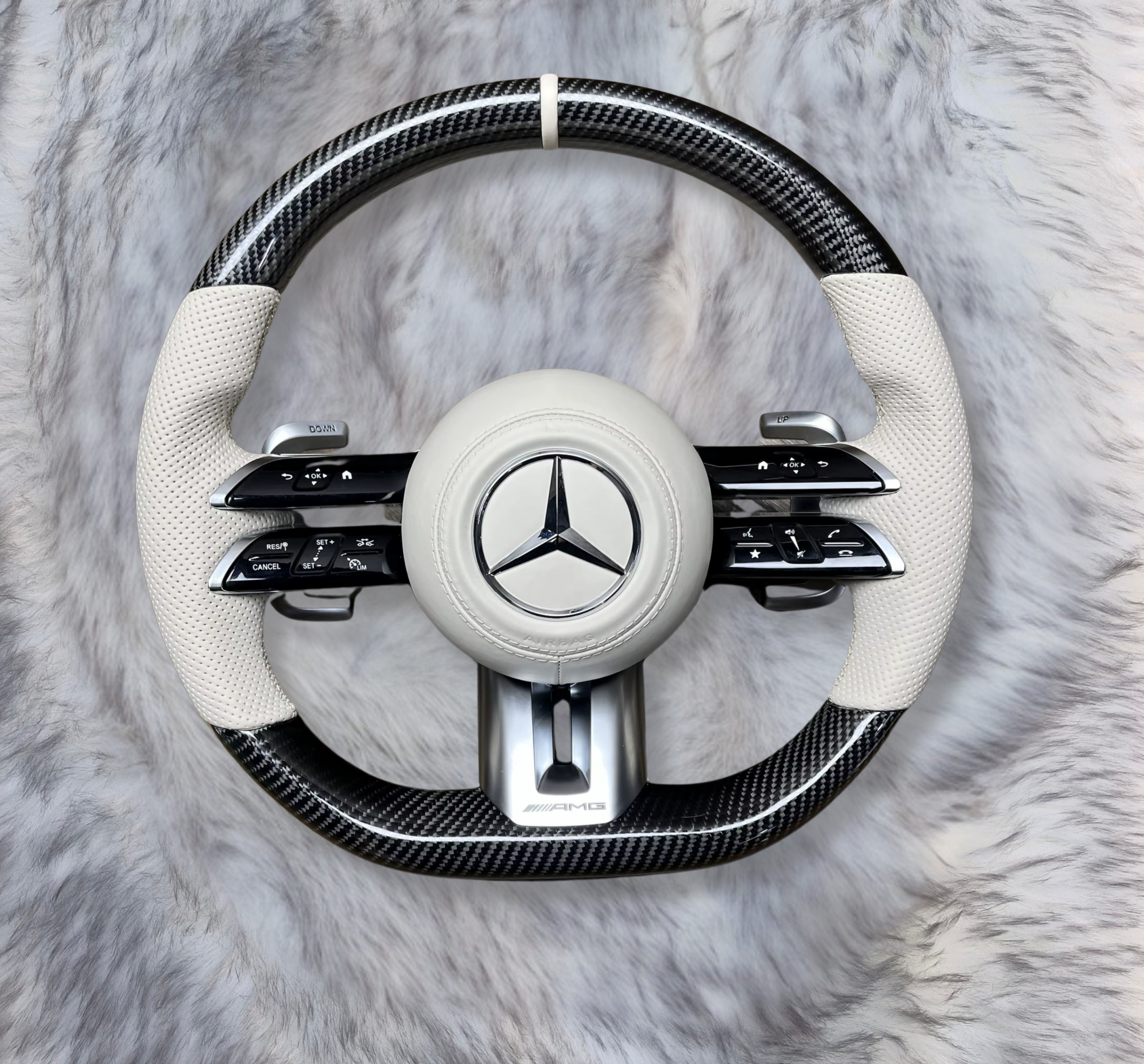 UMPARTS Mercedes-Benz AMG Carbon Fiber Steering Wheel M1256 – White Perforated Leather – With Airbag