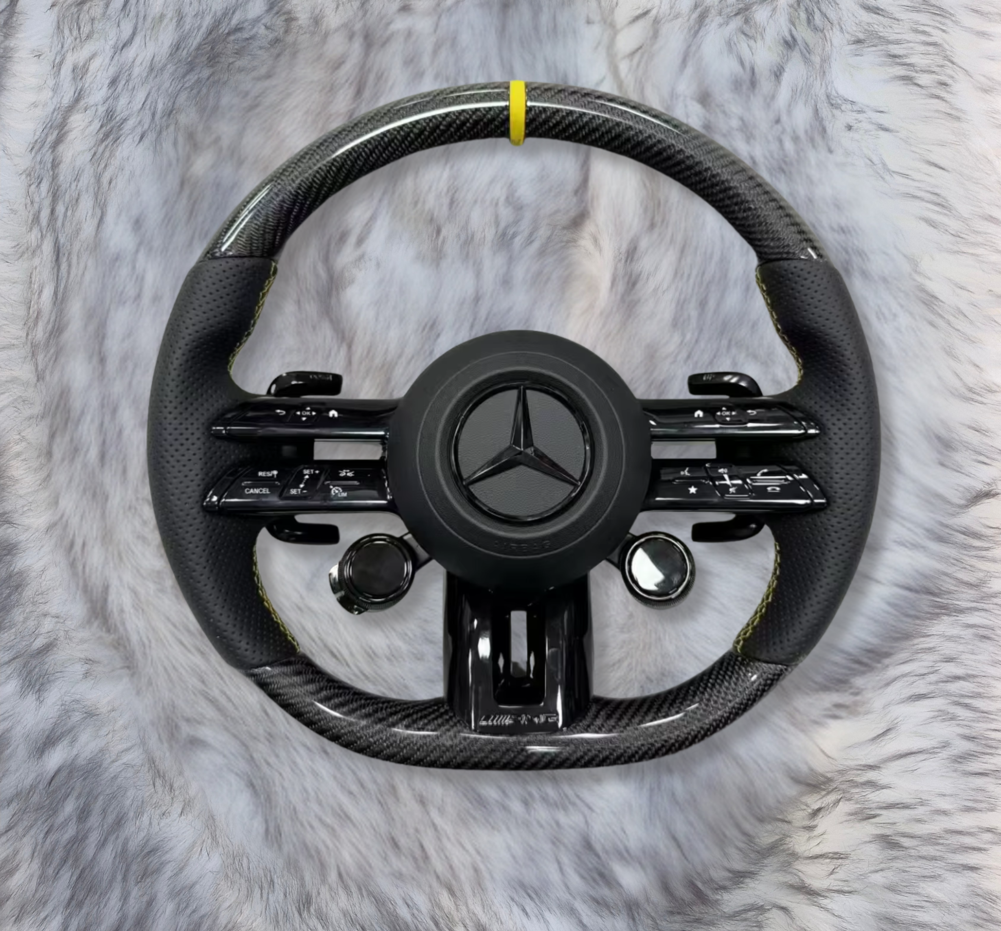 UMPARTS Mercedes-Benz AMG Carbon Fiber Steering Wheel M1243 – Black Perforated Leather – Yellow Stripe – With Airbag