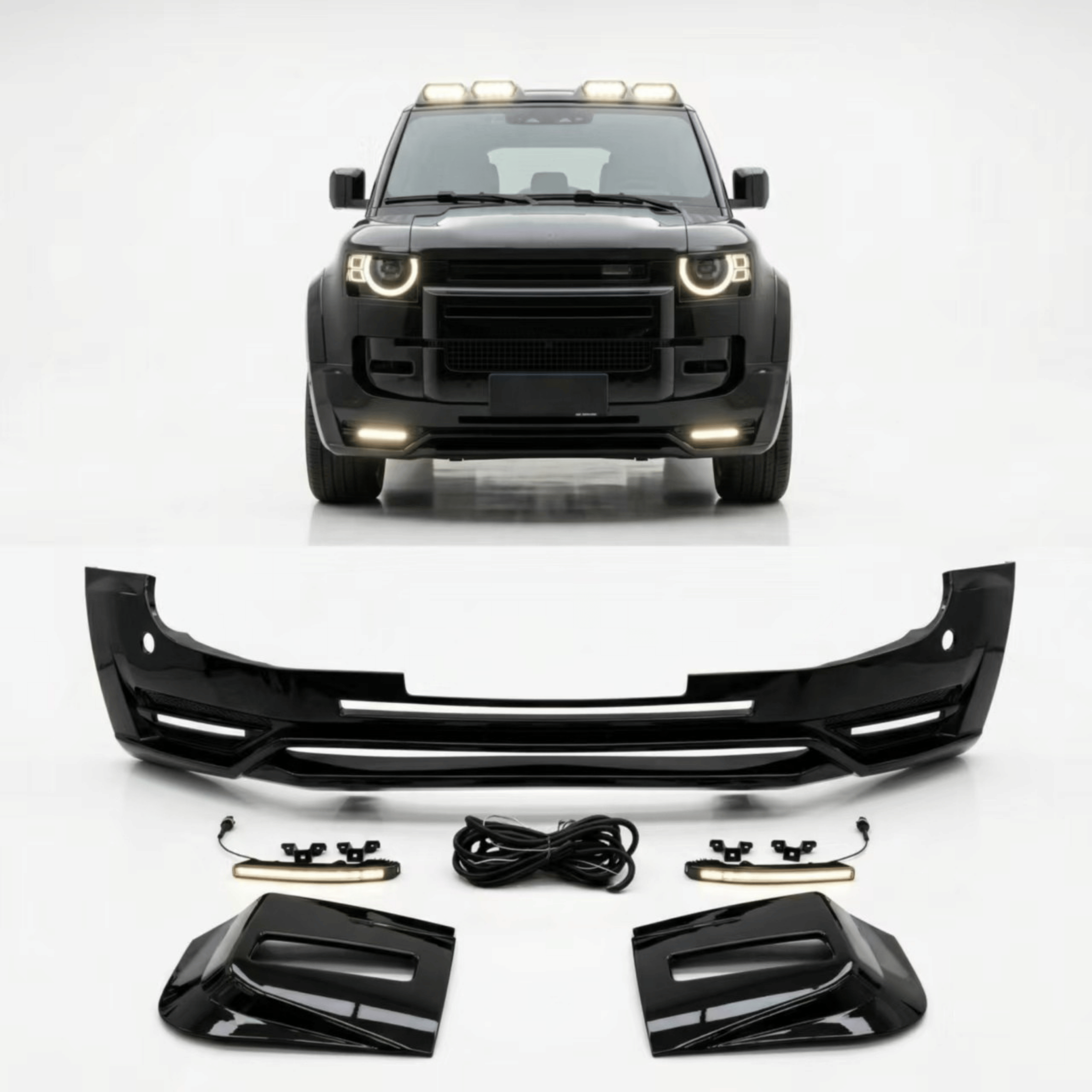 Gloss Black Front Bumper Lip Splitter with LED Lights for Land Rover Defender 90/110 (2021+) – Sport Aero Kit | UMPARTS