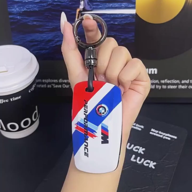 BMW Key Fob Case – D Type F-Series 4-Button Key, Motorsport Stripe Design with Keychain Options