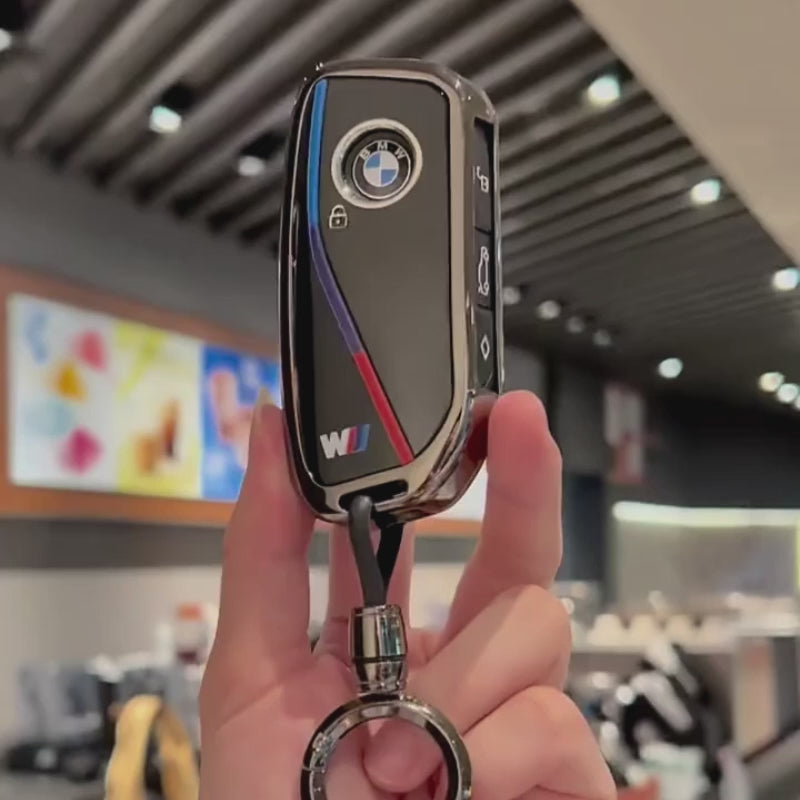 BMW Zinc Alloy Key Fob Case – New-Generation Key, Tricolor Stripe Design with Keychain Options